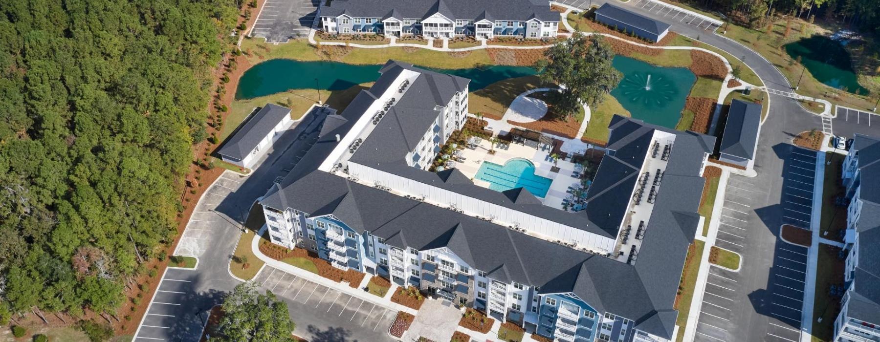 a building with a pool