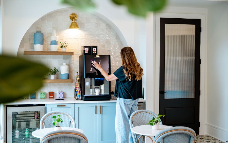 Self-service coffee and tea station in clubhouse 